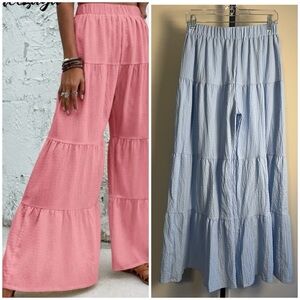 EUC SHEIN Boho High Waisted Tiered Wide Leg Pants Light Blue Size Medium